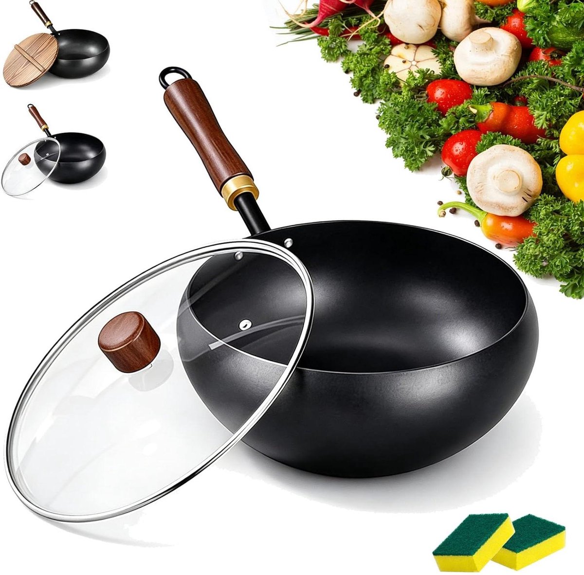 Gietijzeren Wokpan Koekenpan met deksel Veelzijdig Koken Zuiver ijzer 30 cm Zwart