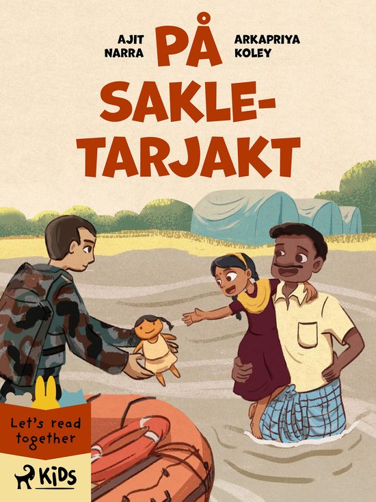 Couverture du livre 'På Sakle-tarjakt'. Un soldat en treillis donne une poupée à un père tenant sa fille. Ils sont dans l'eau près d'un canot de sauvetage.