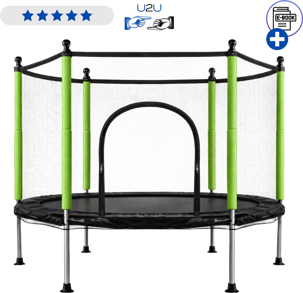 Trampoline voor kinderen - 140 cm met veiligheidsnet en ritsingang - Mini tuintrampoline met stabiel frame, antislip poten, springmat en ballen - Compacte trampoline voor tuin en binnen gebruik, veilig en stevig Met Ebook