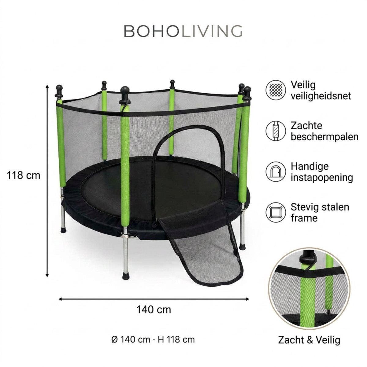 Trampoline voor kinderen - 140 cm met veiligheidsnet en ritsingang - Mini tuintrampoline met stabiel frame, antislip poten, springmat en ballen - Compacte trampoline voor tuin en binnen gebruik, veilig en stevig Met Ebook — afbeelding 13