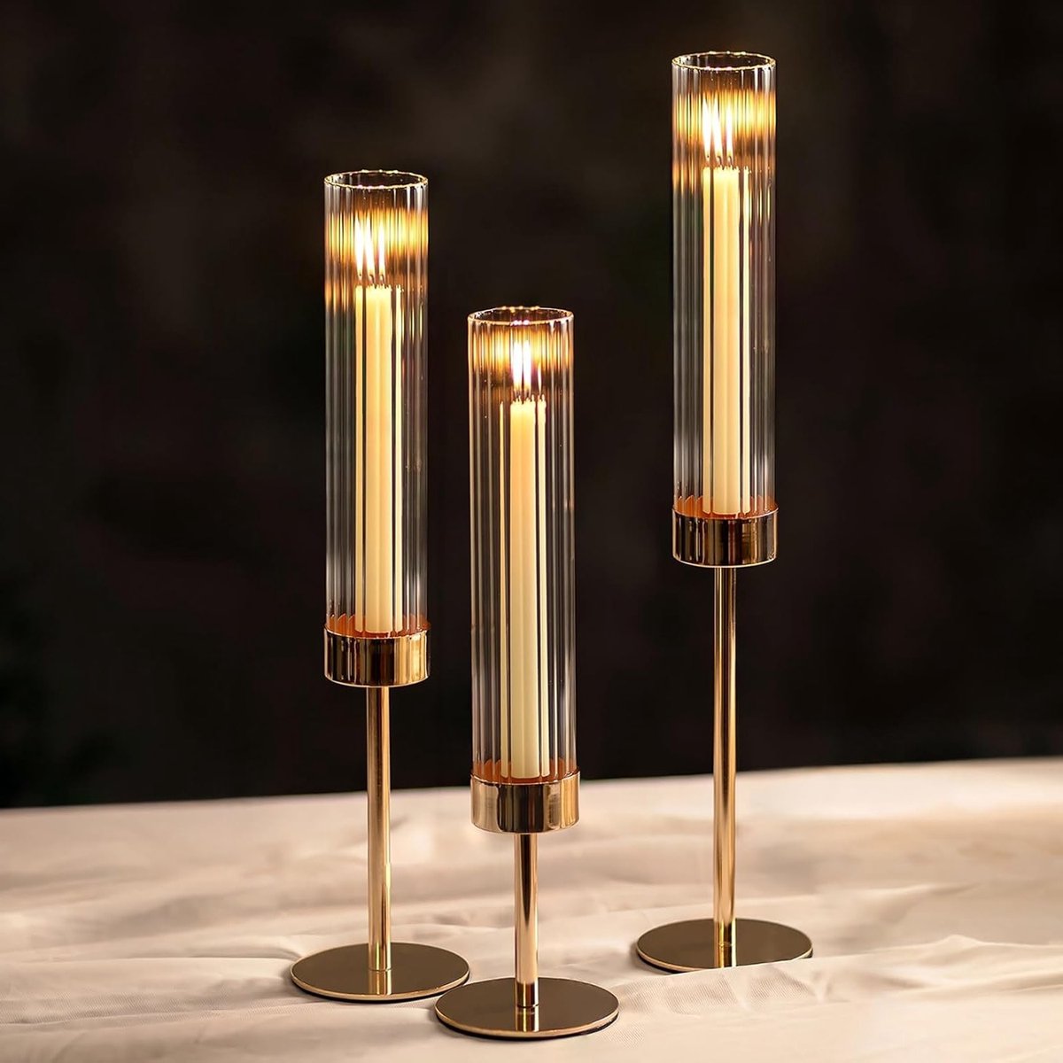 SnelShoppen - Set van 3 Windbestendige Cylindrische Bougeoirs voor Kaarsen - Elegante Tafeldecoratie voor Bruiloften, Eetkamers en Feesten - Met Besch