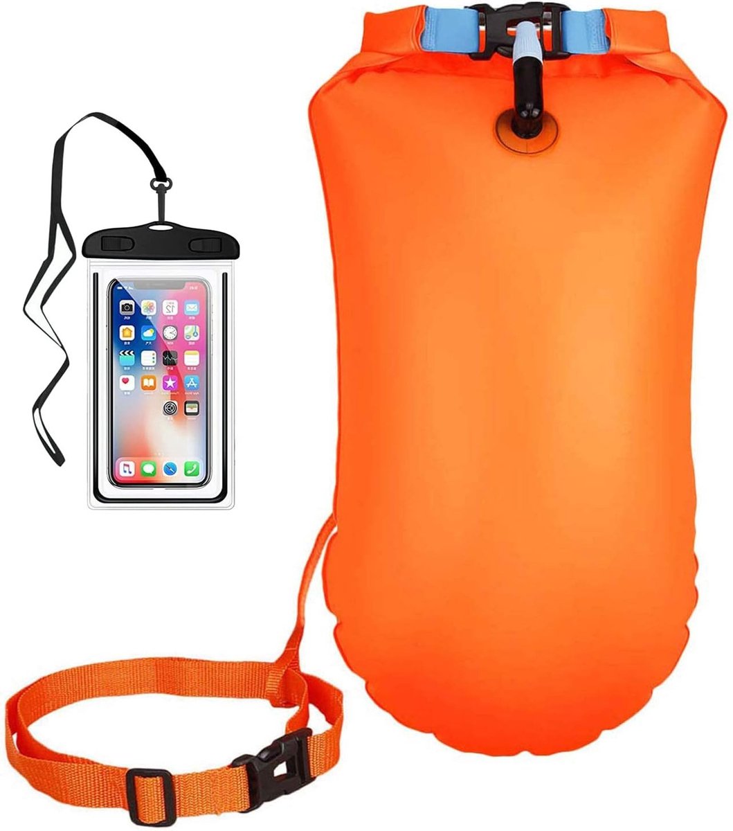 Opblaasbare Zwemring met Waterdichte Telefoonhoes, Ideaal voor Buiten Zwemmen, Snorkelen en Triatlon, Oranje