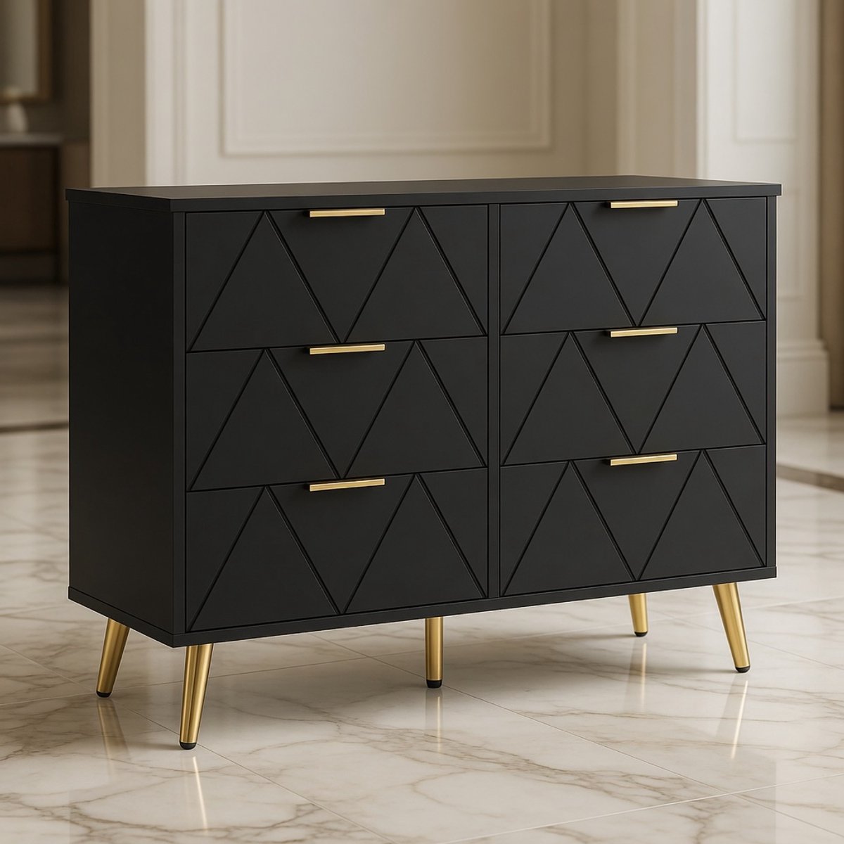 Luxe Moderne 6-Laden Dressoir Zwart – Design Ladekast Slaapkamer & Woonkamer – 100 cm Brede Commode met Gouden Accenten – Houten Opbergkast voor Slaapkamer, Hal & KantoorMobili Bella