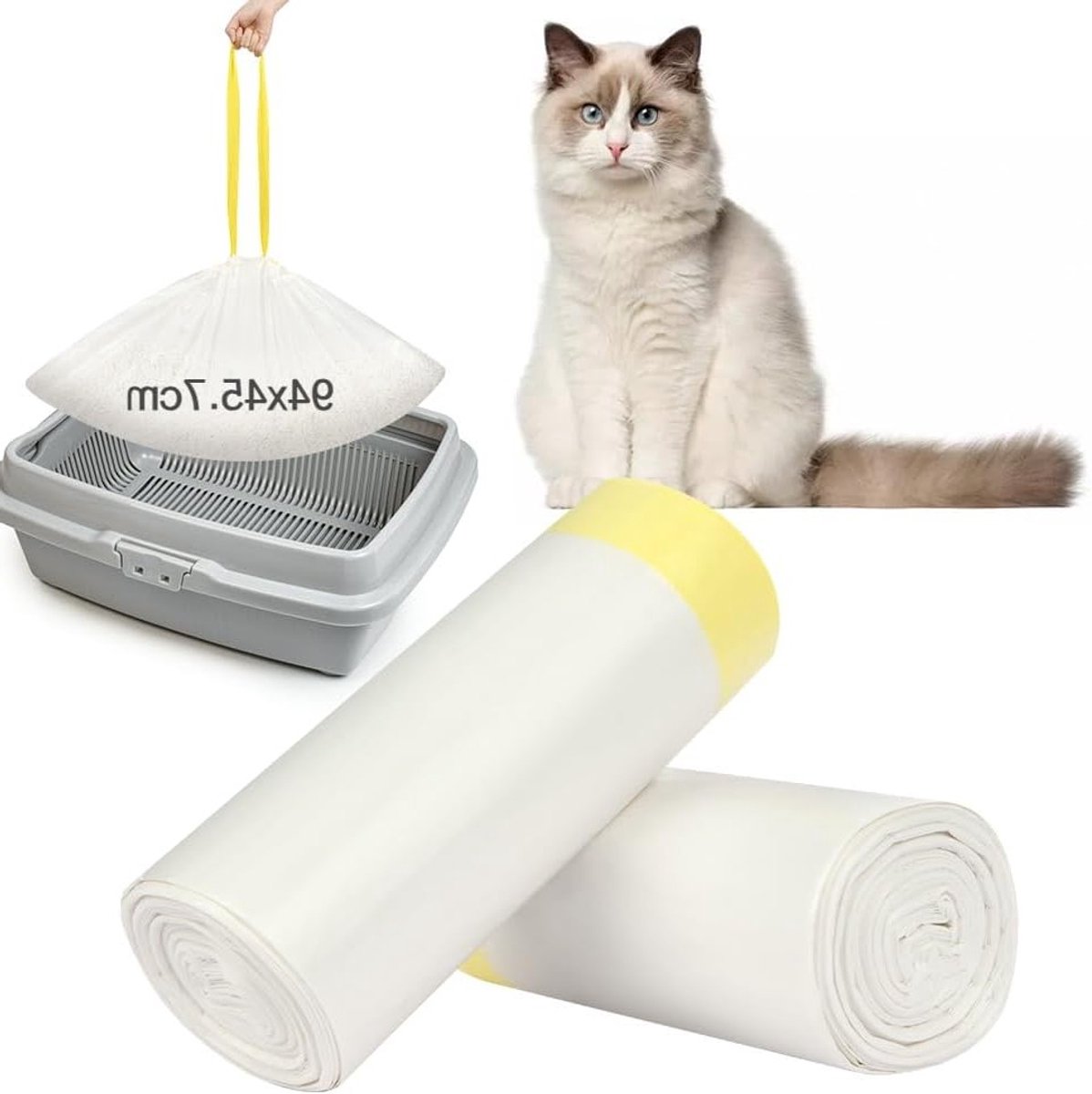 Set van 20 biologisch afbreekbare kattenbakzakken met handvat en trekkoord - zelfreinigend, duurzaam en vloeistofdicht, 37" x 18" voor eenvoudig gebruik en milieuvriendelijk afvalbeheer