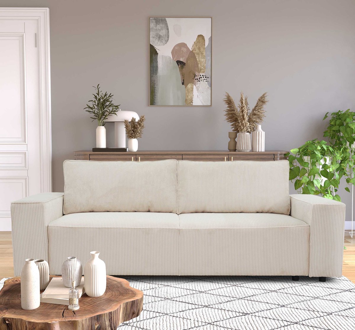 3-zitsbank Josh - 239x86x85cm - Met Opbergruimte - Beige Ribfluweel