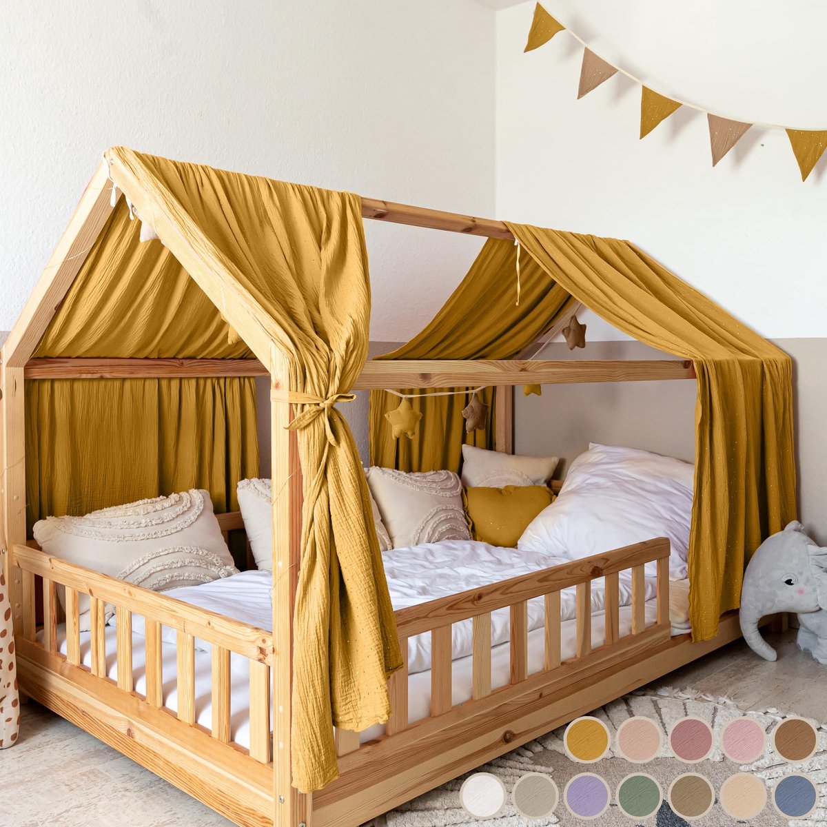 LILIMAUS Huisbed hemeltje - bedhemel voor huisbed - 135 x 270 cm - mousseline katoen - geel