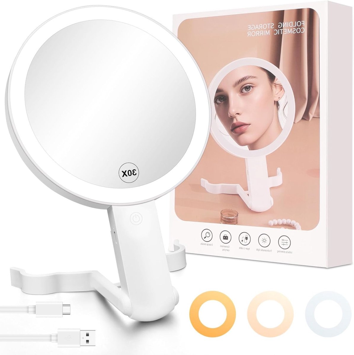 Make-upspiegel met Verlichting, Oplaadbaar, Dubbelzijdig 30X/1X Vergroting, 3 Kleuren Instelbaar, 360° Draaibaar, Opvouwbare Handspiegel Tafelspiegel (Wit)