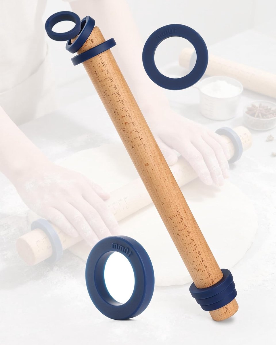 Verstelbare deegroller met 4 paar siliconen ringen - Beukenhouten roller voor constante deegdikte - Professionele bakaccessoires voor pizza, fondant, koekjes en pasta - 40 cm