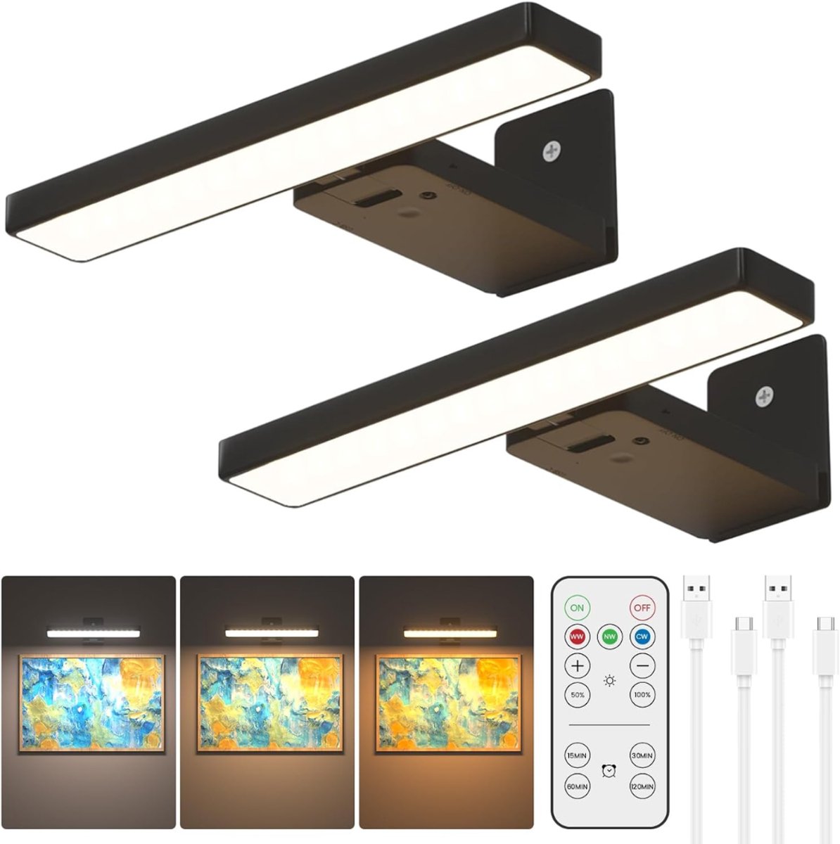 HEZIVO® Draadloze Schilderijlamp - Wandlamp Oplaadbaar - Met Batterij - Dimbaar - 3 Kleurtemperaturen - Set van 2 - Zwart