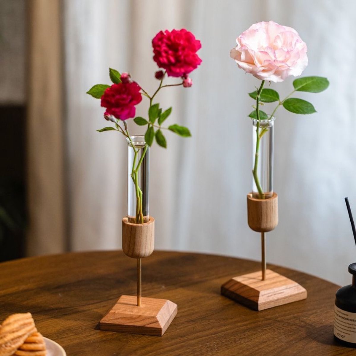 2-delige set bureau decoratie – Houten vaas & transparante glazen reageerbuis vaas – Voor hydrocultuurplanten – Eenvoudige landelijke stijl