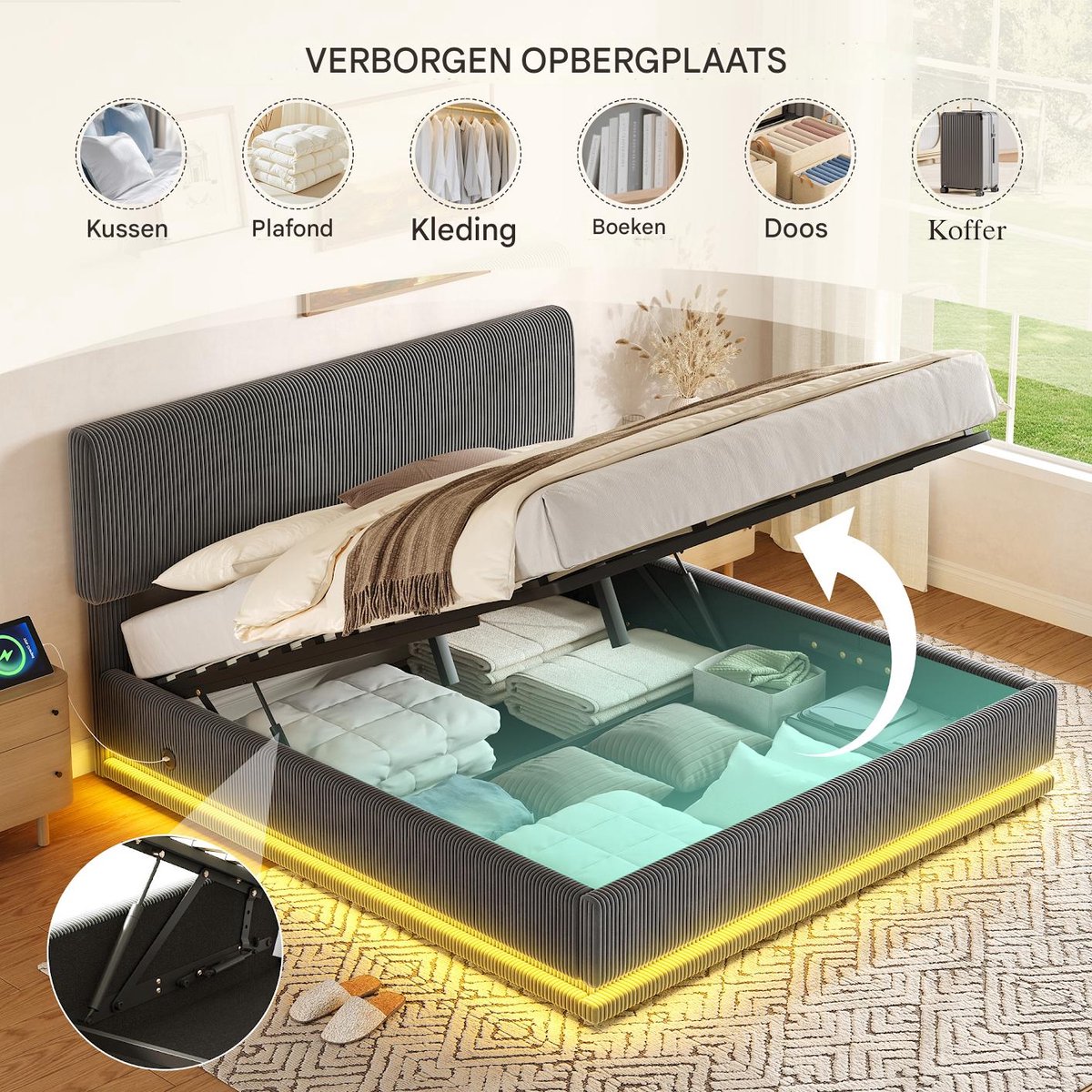 VVBV Bed met opbergruimte 160x200 / Tweepersoonsbed 160x200 – met LED-Verlichting, USB, USB-C, Stopcontact, Lattenbodem – In Hoogte Verstelbaar Hoofdbord Dark Gray