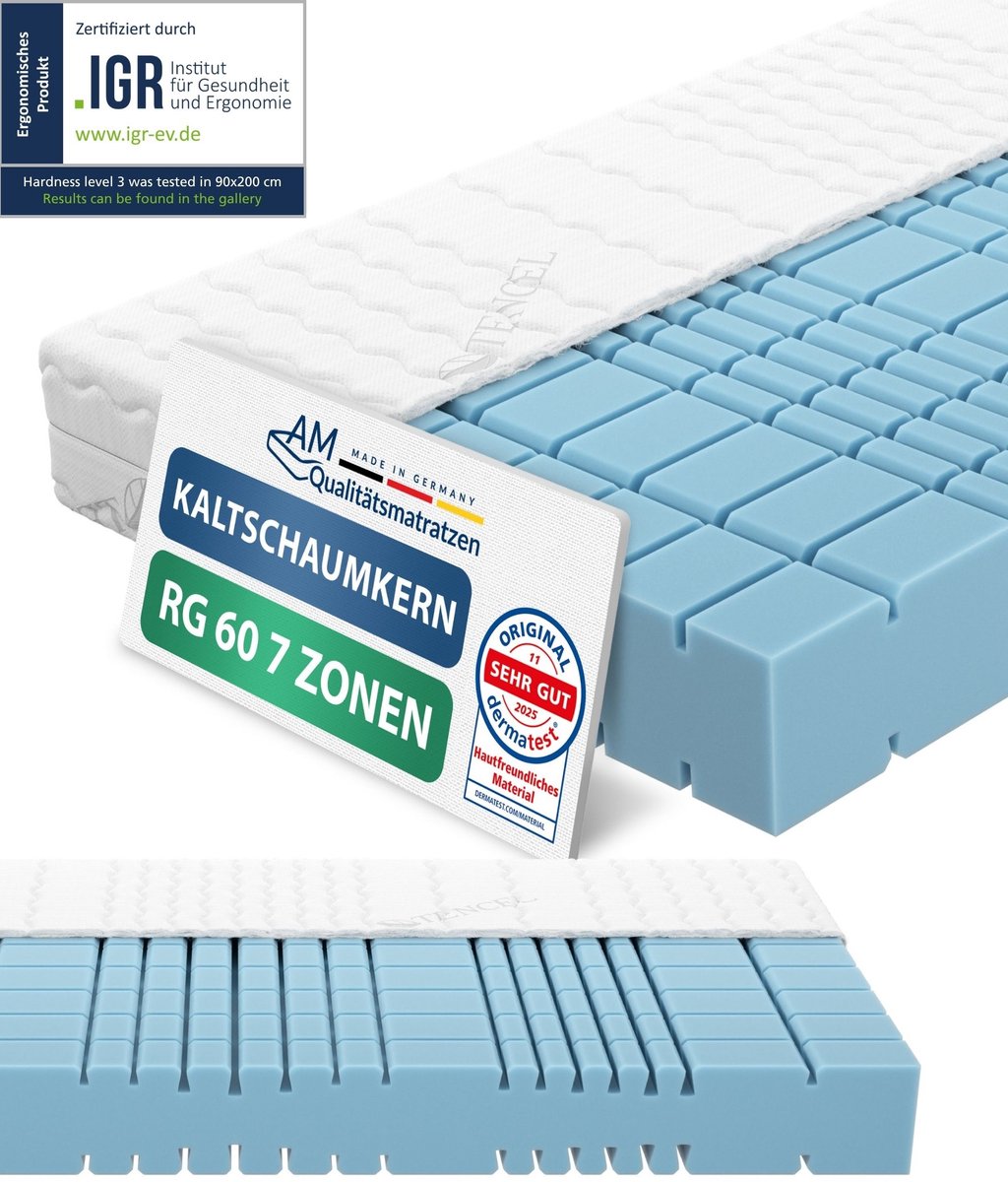 AM Qualitätsmatratzen Premium 7 zones koudschuimmatras 80x200 H3 Made in Germany OEKO TEX gecertificeerde koudschuimmatras 80x200 19 cm hoog ergonomisch matras 80x200 cm Wit