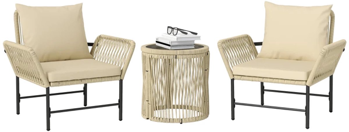 Bistroset - Tuinmeubel 3-delig - Tuinset - Balkonset voor 2 Personen - Tuinmeubelset met 2 Stoelen + Tafel + 4 Kussens - Balkonmeubels - Zitgroep - Meubel - Loungeset - Meubelsets - voor Tuin, Balkon, Terras - Polyrattan - Khaki + Beige