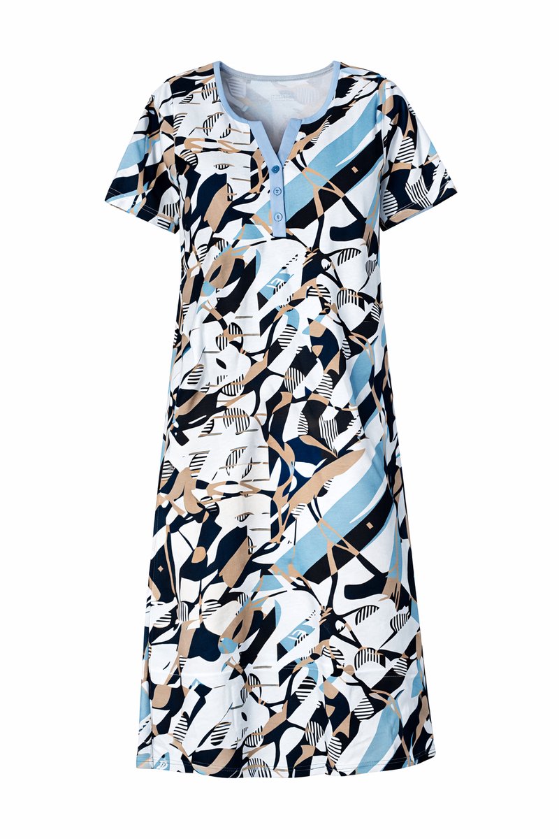 Comtessa Ascafa - Dames Nachthemd Deluxe - Korte Mouw - 100% Katoen - Dessin - 95 cm Blauw, beige, zwart