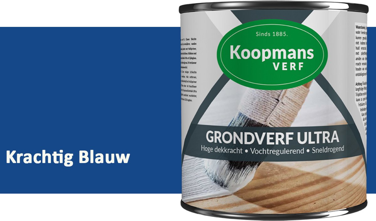 Koopmans Grondverf Ultra – Grondverf Hout & Metaal Binnen en Buiten – Vochtregulerende Primer – Hoge Dekking – Zijdeglans – Krachtig Blauw – 375 ml