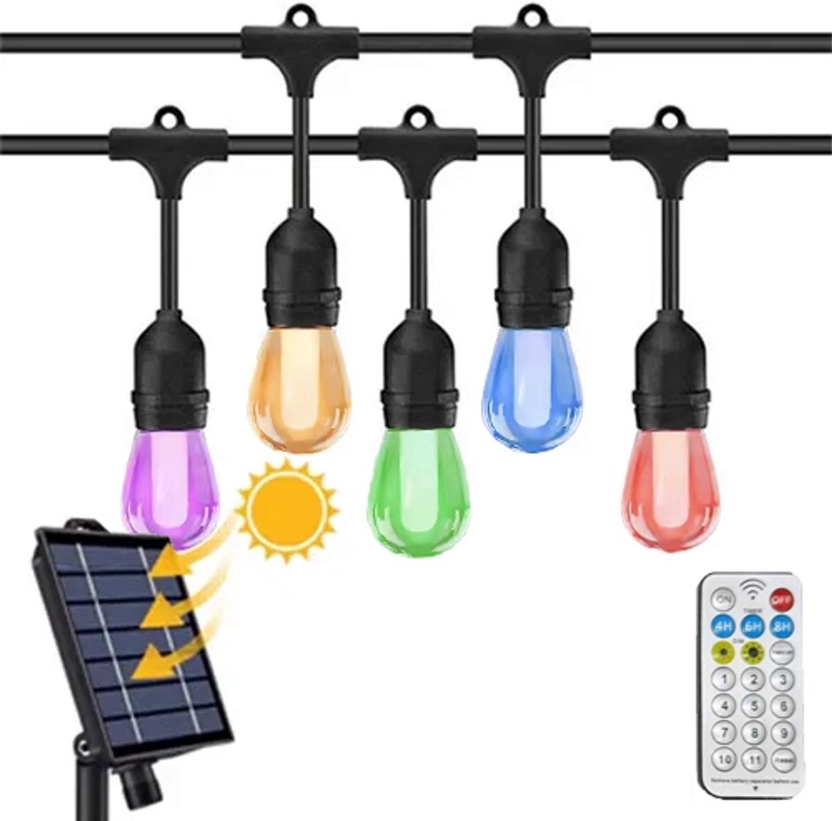 8m Arena Solar LED Prikkabel RGB & Warm Wit - afstandsbediening - USB-C & Zonnepaneel - inclusief 10x E27 lampen