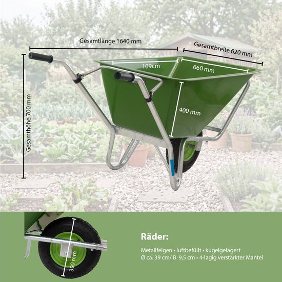 Hofkarre XL 220 L 300 kg Stahlfelge Luftrad Futterkarre Schubkarre Pferde Hof Stall — afbeelding 5