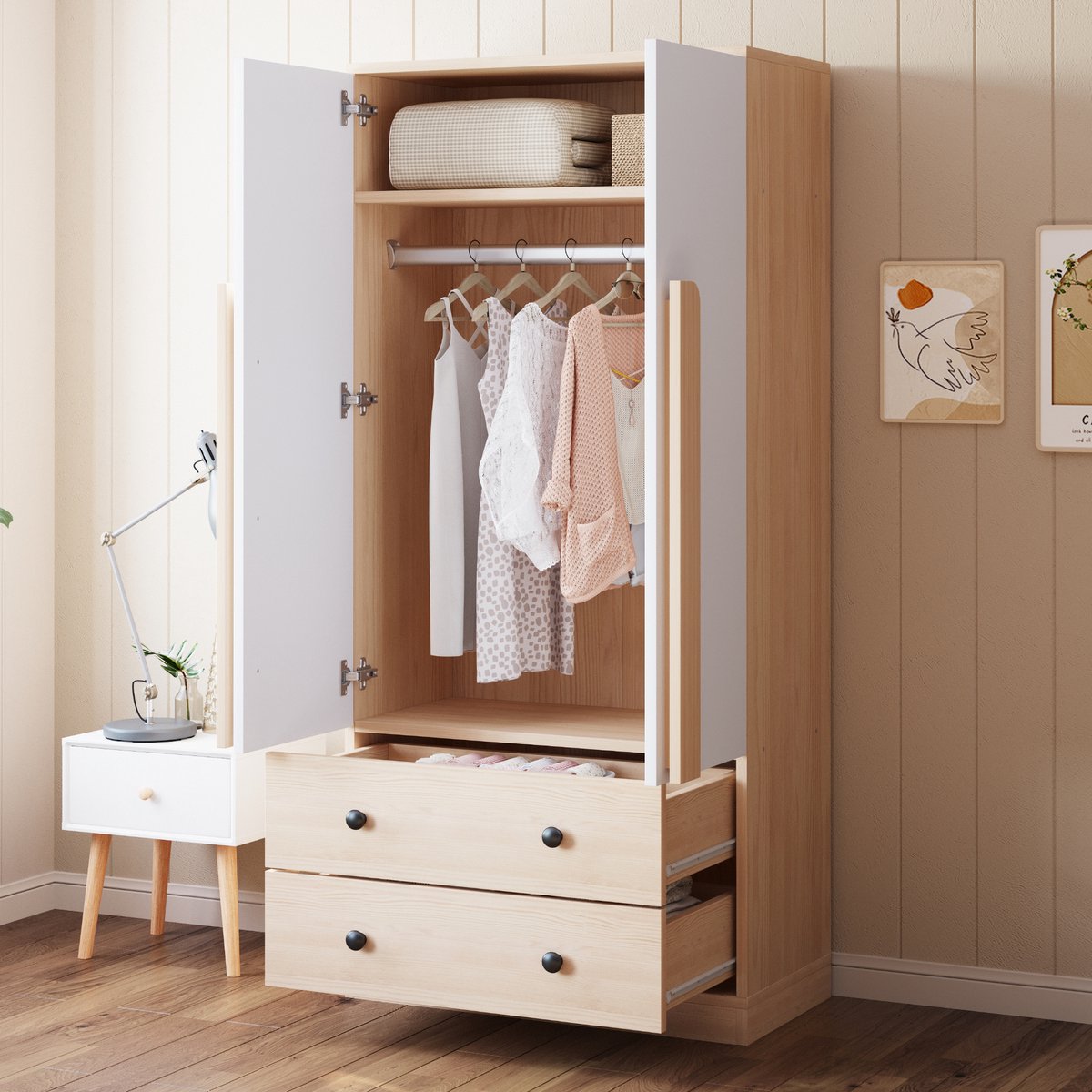 Zubaliya Kledingkast 70x40x170 cm – Garderobekast met Draaideuren, Lades en Planken – Slaapkamerkast voor Kledingopslag – Houtkleur/Wit Wit+Houttint