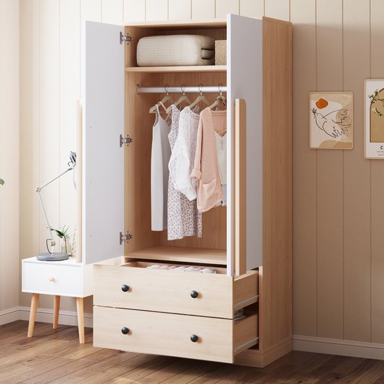 Kledingkast 70x40x170 cm – Garderobekast met Draaideuren, Lades & Planken – Compacte Kast in Houtkleur/Wit voor Slaapkamer en Hal