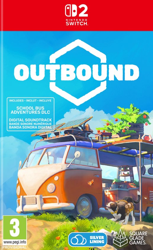 Gamehoes van Outbound voor Nintendo Switch, met een oranje camper en een hond.