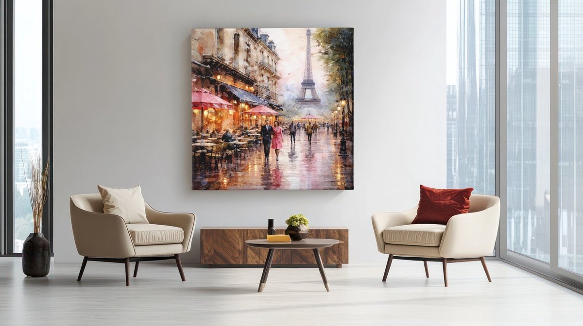 Trendex Global Vierkant Canvas Schilderij Parijs Eiffeltoren - Romantische Straat in de Regen - Wanddecoratie Woonkamer - 40 x 40 cm Kleurrijk