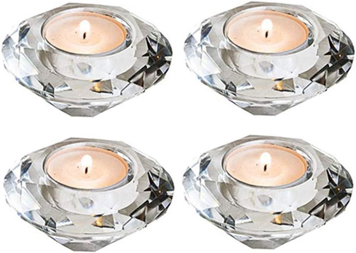 Set van 4 Theelichthouders van Glas met Handgeslepen Diamanten - Perfecte Decoratie voor Bruiloften, Kerst en Verjaardagen