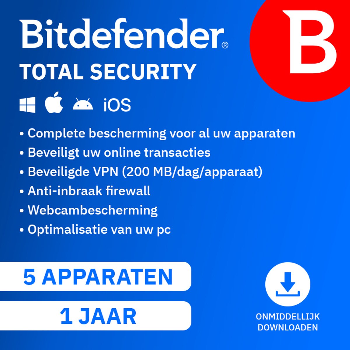 Bol.com Bitdefender Total Security - 12 maanden/5 apparaten - Nederlands aanbieding