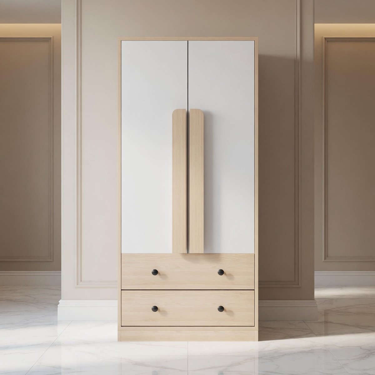 Moderne Kledingkast met Dubbele Deuren, Hanggedeelte en 2 Lades – 70x40x170 cm – Wit/Houtlook Slaapkamerkast – Mobili Bella