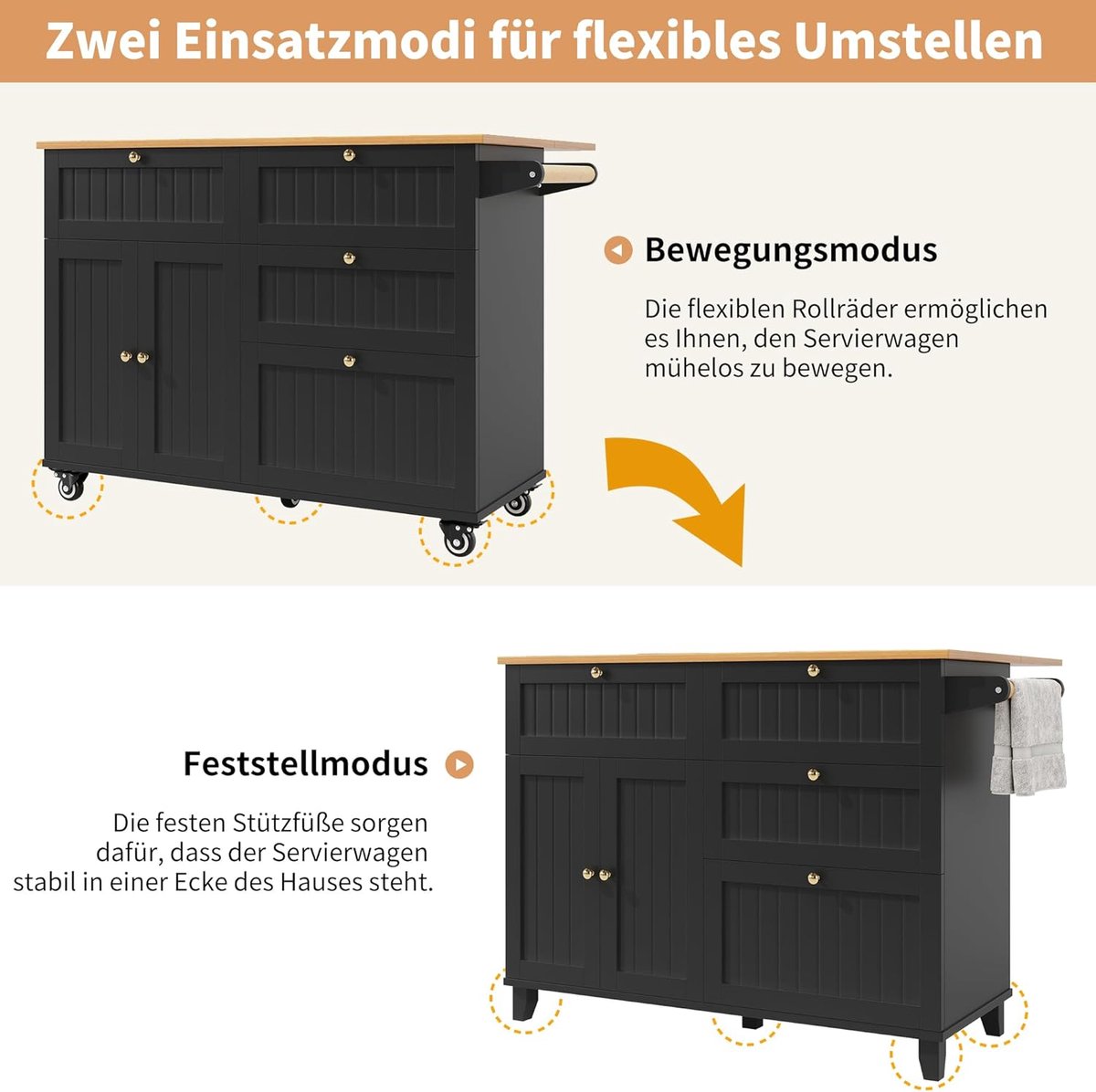 Keukeneiland op Wielen – ABTKantoor Luxe Keukentrolley met Uitschuifbaar Werkblad, Opbergruimte, Kast en Planken – Modern Zwart Design – 133x70x88 cm
