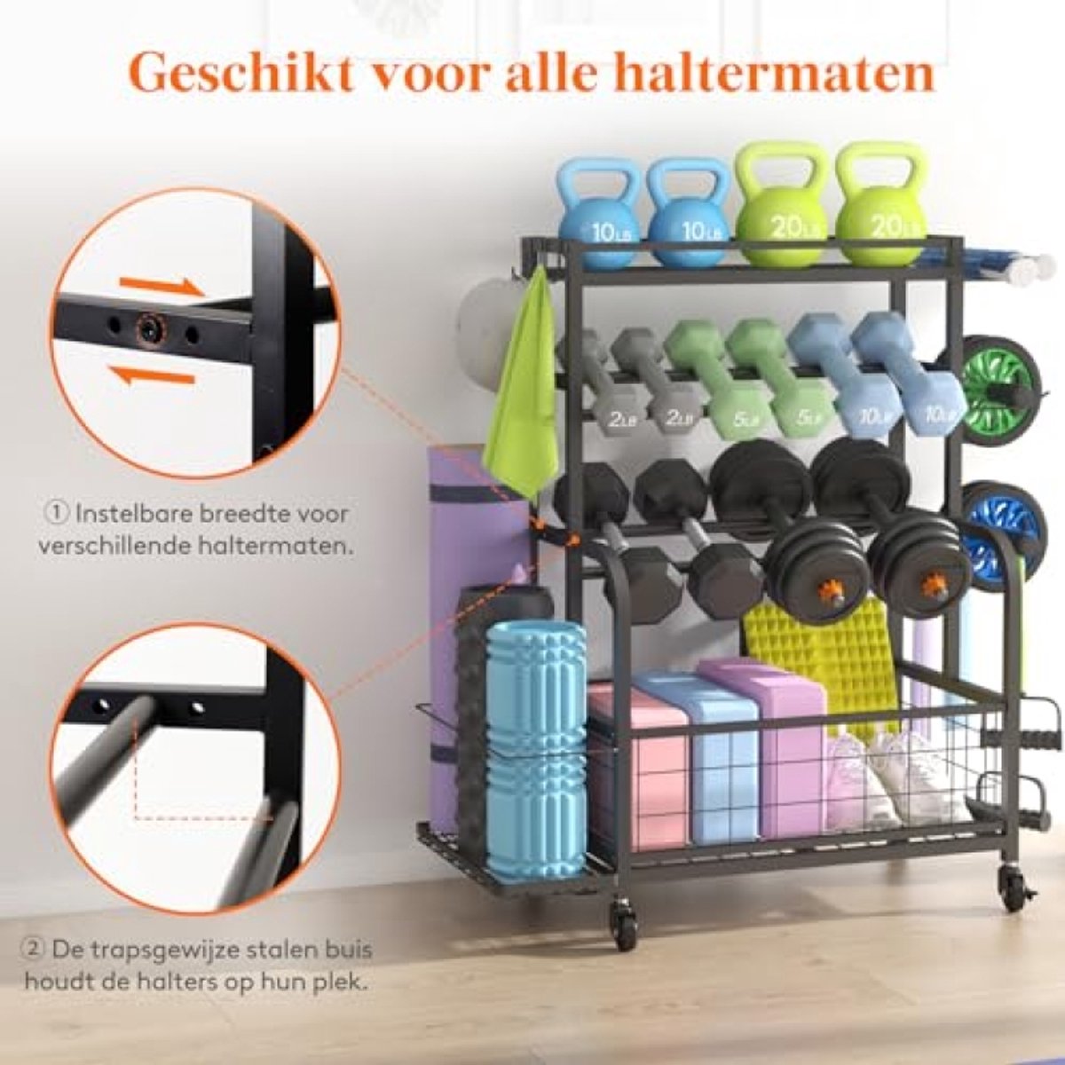 Medium Fitness Opbergrek met Wielen - Verstelbaar Gewichtenrek voor Dumbbells, Kettlebells, Yogamatten en Accessoires - Tot 272 kg Draagvermogen - Voor Thuisgym, Garage of Fitnessruimte – foto 6