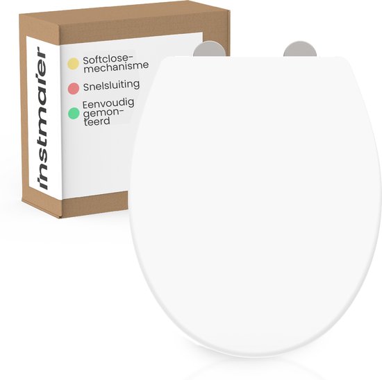 Witte toiletbril met een kartonnen verpakking ernaast. De verpakking heeft een label met de tekst 'instmaier' en kenmerken zoals 'Softclose-mechanisme', 'Snelsluiting' en 'Eenvoudig gemonteerd'.