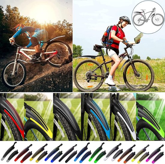 Fietsspatbordenset in meerdere kleuren, waaronder rood, geel, blauw, groen en wit, met een zwart accent.