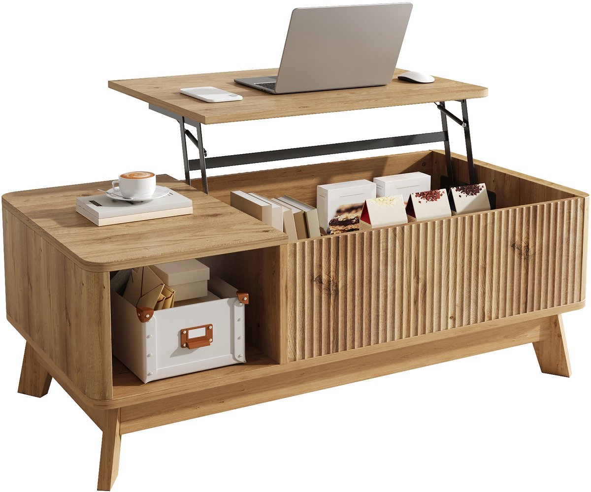 Urban Loft - Serie Metro - Salontafel 95 cm - Met Hefblad & 3D Golf Optiek - Open Zijvak & Verborgen Opbergruimte - Modern Design
