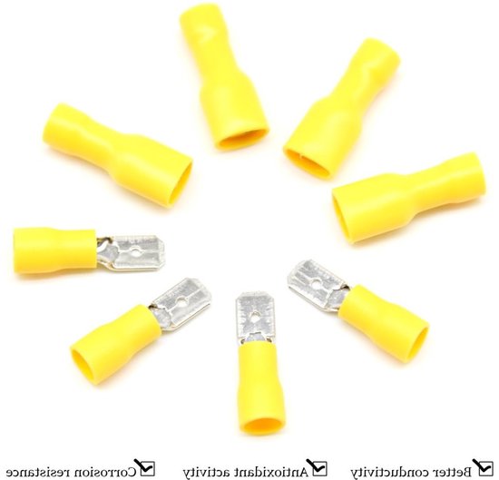 100 Stuks Geïsoleerde Spade Connectoren voor Draadverbindingen - Snelle en Betrouwbare Crimp Terminals in Geel — afbeelding 4