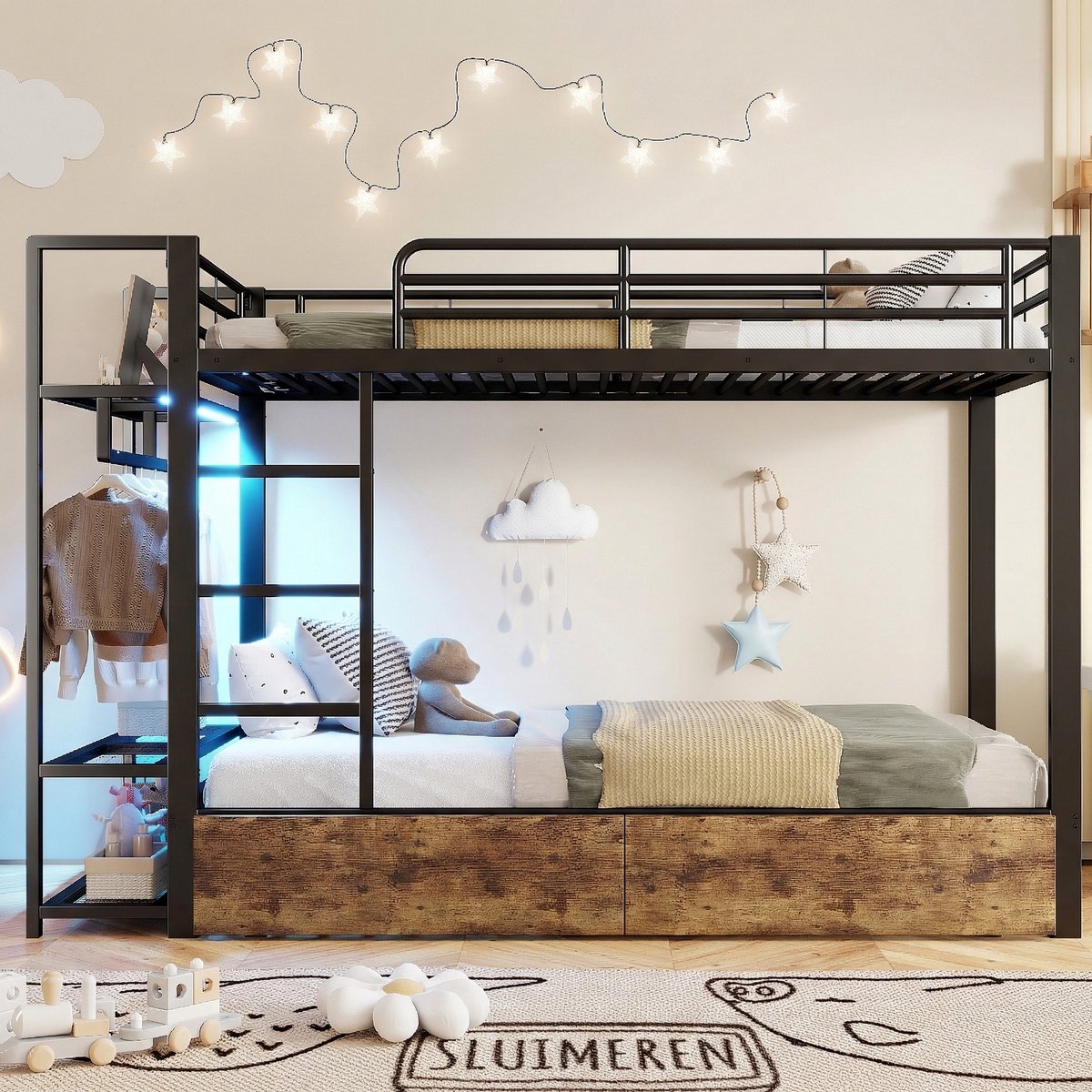 VVBV Stapelbed 90x200 – Kinderstapelbed met 2 Lades en LED – Metaal – Zonder Matras – Zwart – Opbergruimte – LED-Verlichting – Metalen Frame Black