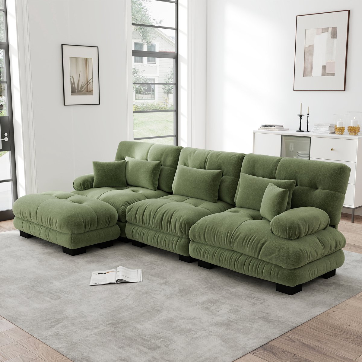 MIVRAY Hoekbank Modulair - Diepe Zitting Met Verplaatsbare Ottomans - Voor Woonkamer En Kantoor - Chenille Groen