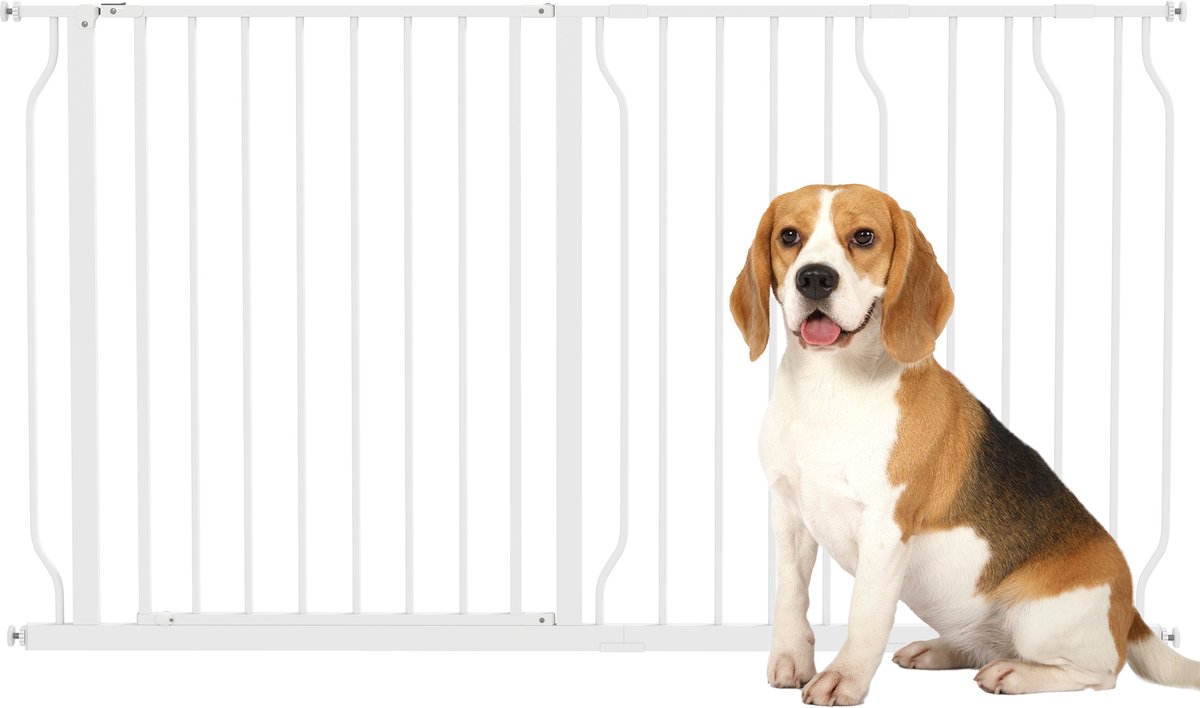 PawHut Hunde Türschutzgitter Treppenschutzgitter, 75-145 cm Hunde Türgitter, Klemmgitter, Schutzgitter, Zwei-Wege-Öffnung, Stahl, Weiß