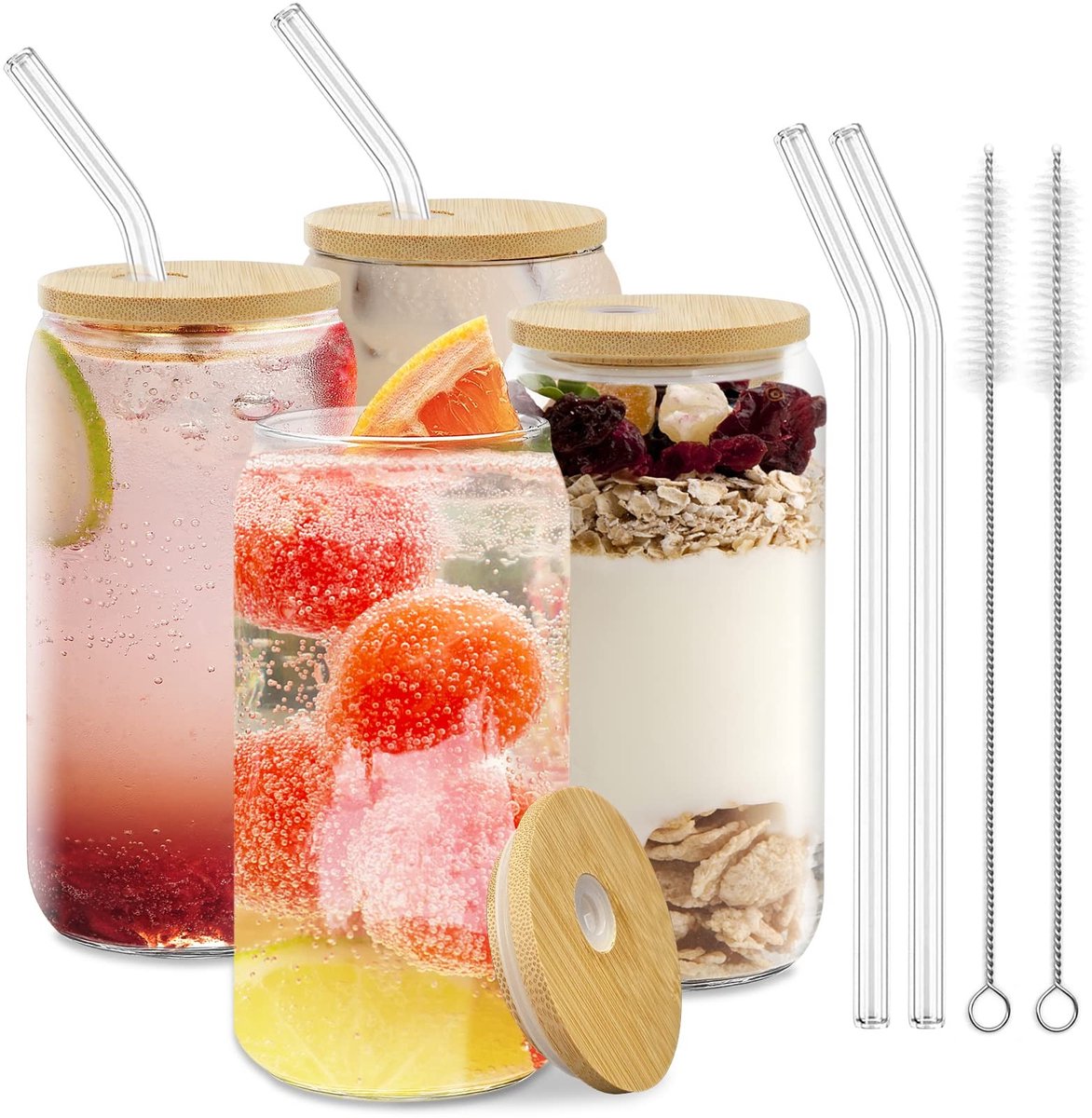 Cocktailglazen met deksel en rietje - 4 stuks - 500 ml - bamboe