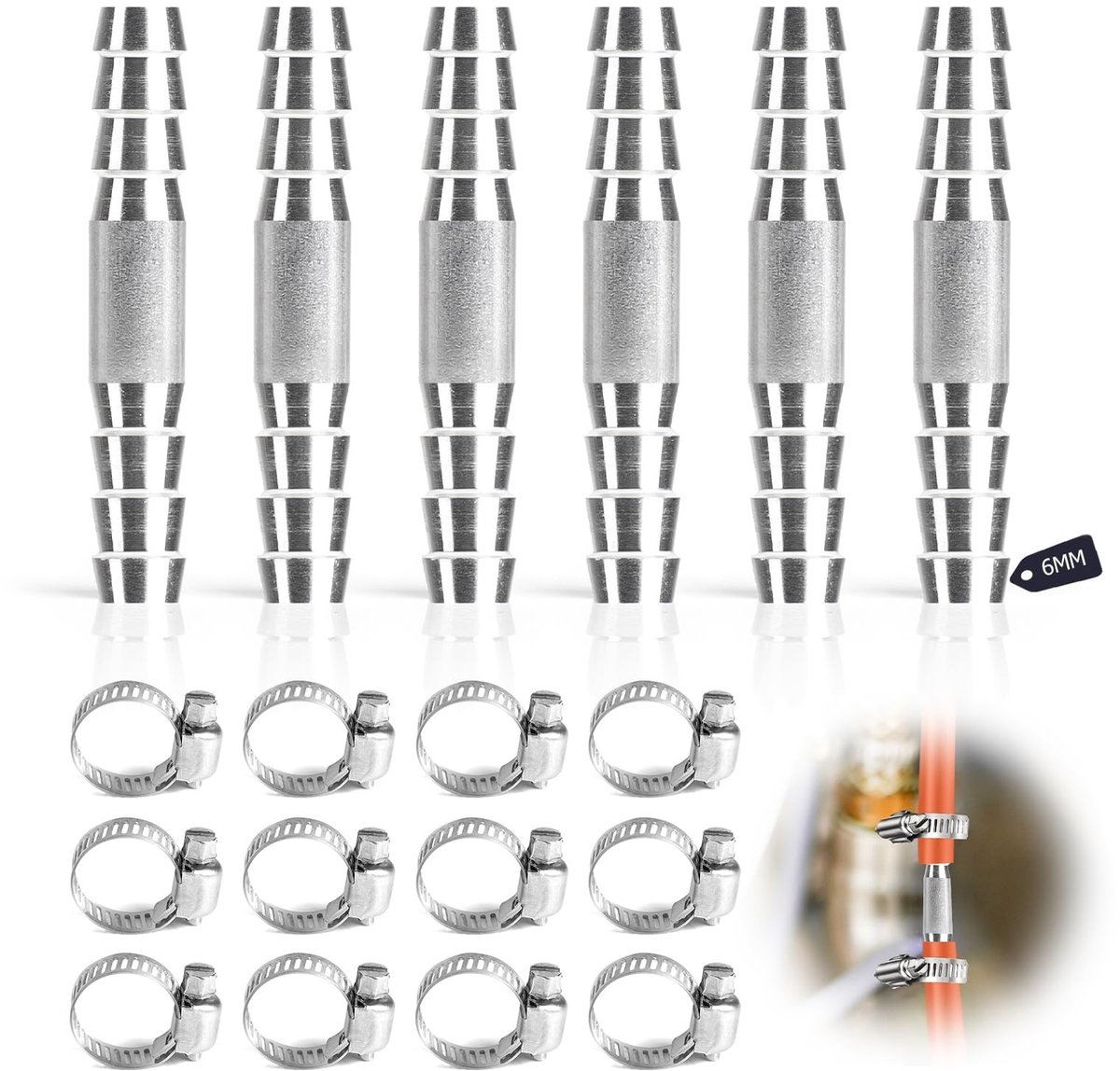 NTHProducts - Slangverbindingen - 6 mm - 2-Weg Aansluitingen - Zilver - Slangverbinder - Voor gas en vloeistof - Inclusief klemmen