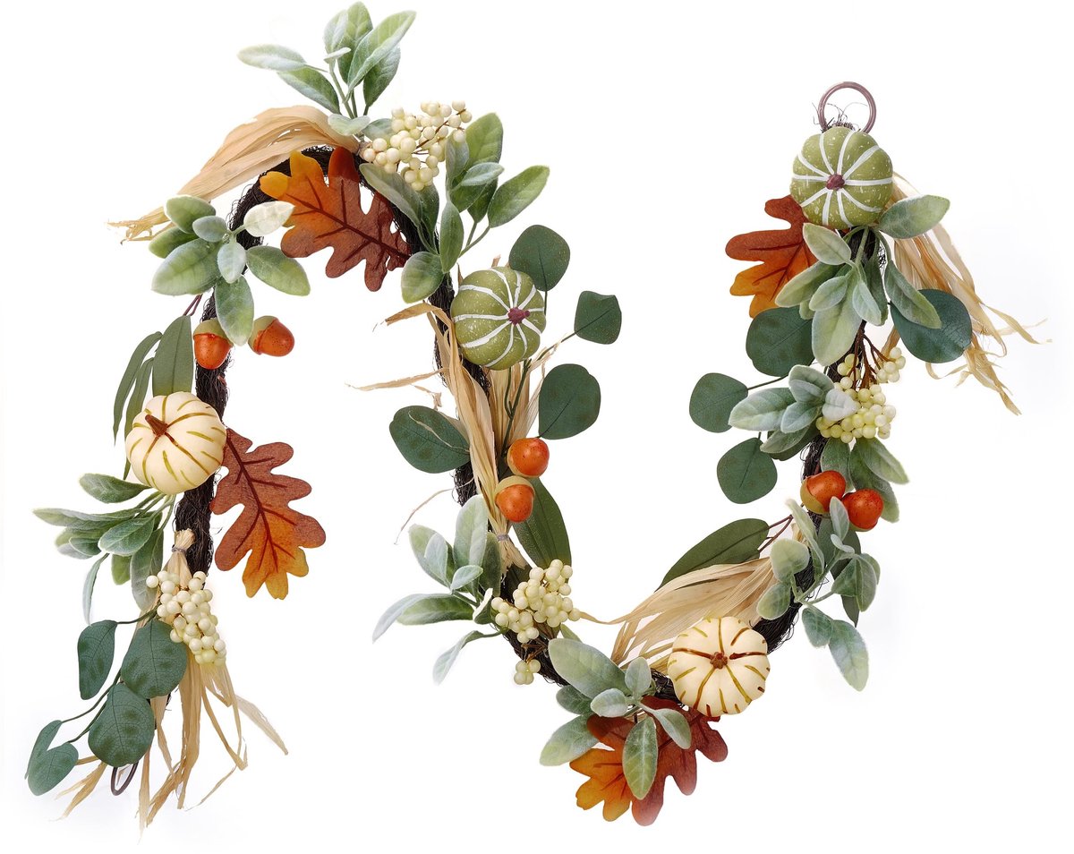 NTHProducts - Valse Herfstguirlande - Decoratie met Pompoenen - 152 cm - Kunstplanten voor Halloween - Perfect voor Thuis - Groen en Wit