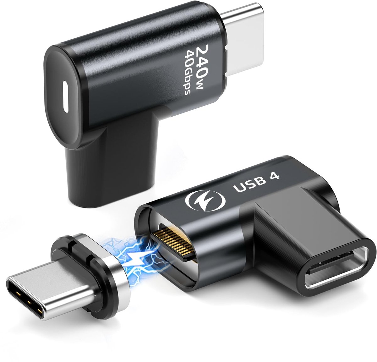 Cosensi - USB C Magnetic Adapter - 240W - 90 Degree Design - Zwart - Thunderbolt 3/4 - Ideaal voor Laptop en Tablet - 2 Pack