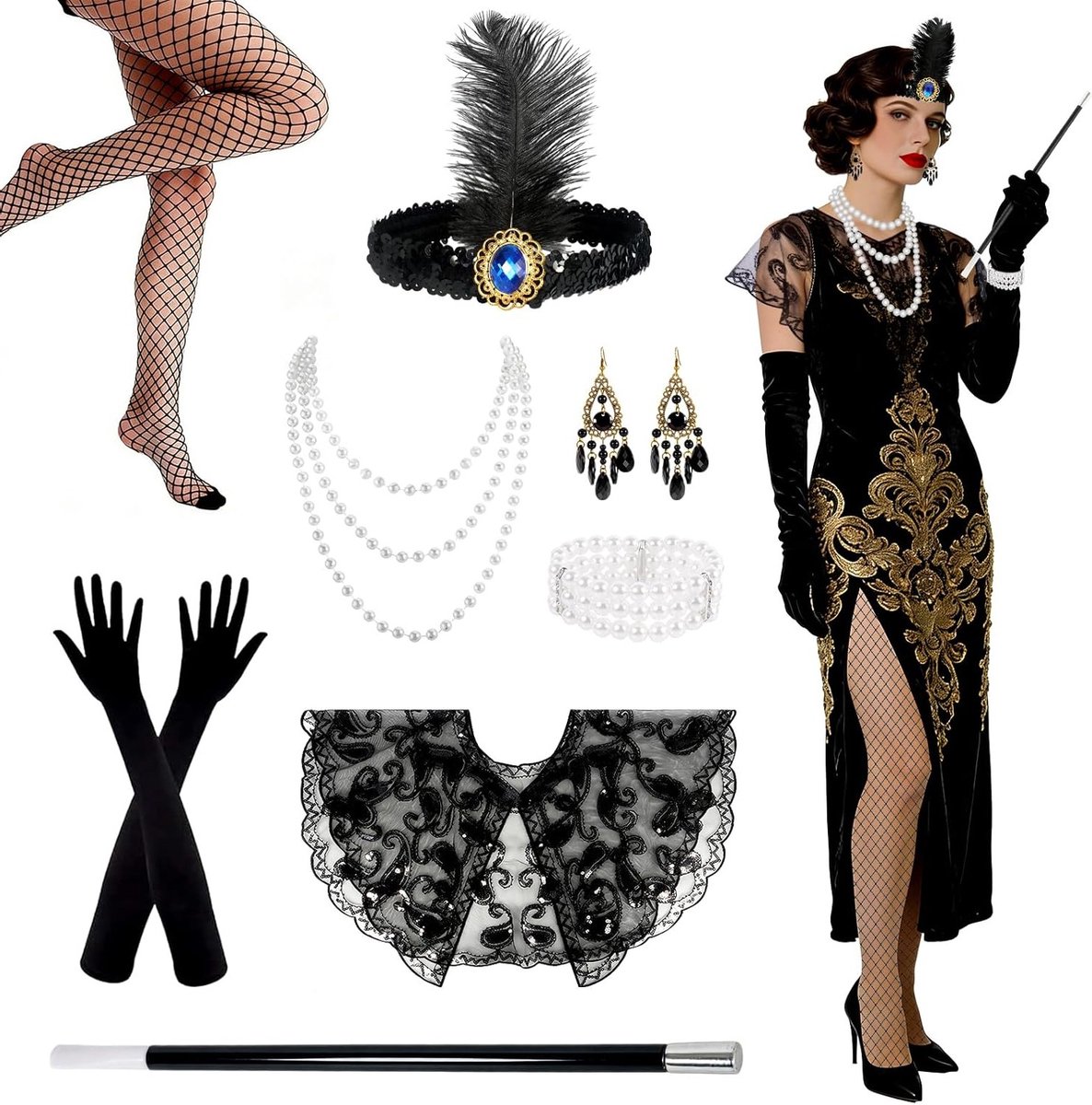 Gatsby-inspiratie kostuumaccessoires uit de jaren 20 voor Halloween en feestelijke gelegenheden, perfect voor een moderne vrouw