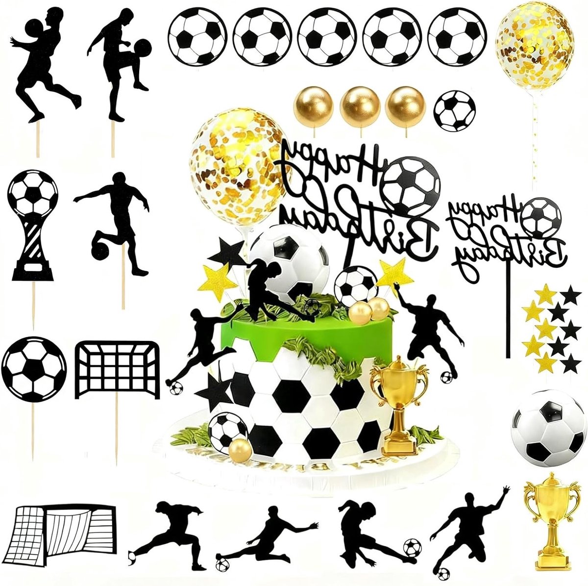 Voetbal Taartdecoratie Set met 33 Stukken, Voetbal Cake Toppers, Sportieve Versieringen voor Verjaardagen en Feestjes
