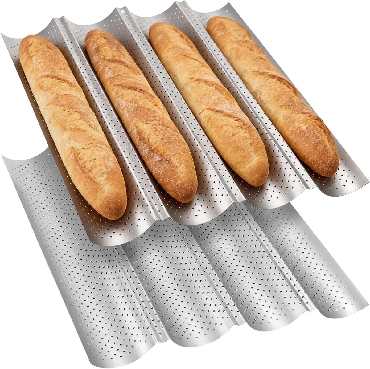 Set van 2 Perforated Baguette Mallen, Antikleef Broodpan voor Perfecte Franse Baguettes, 38 x 33 cm, Ideaal voor Bakken en Keuken Accessoires