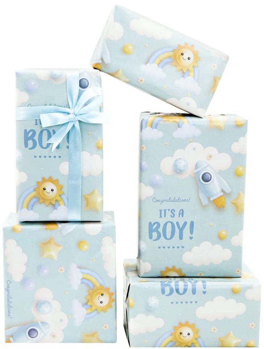 MTTProducts - It's a Boy Cadeaupapier - Lichtblauw - Baby Shower en Verjaardag - 4 Vellen - Originele Ontwerpen - Geschikt voor Nieuwe Baby jongens