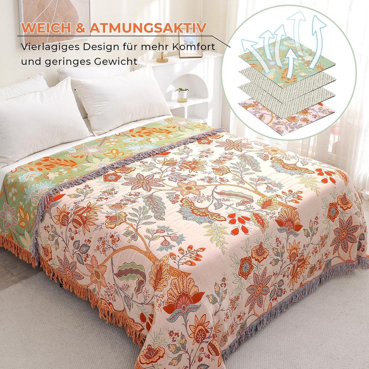 Sprei in boho-stijl-100% katoen- 150 x 200 cm- knuffeldeken- omkeerbare deken voor bed- bank en woonkamer- cadeau-idee voor familie en vrienden — cadeau in Wonen & Interieur - foto 5