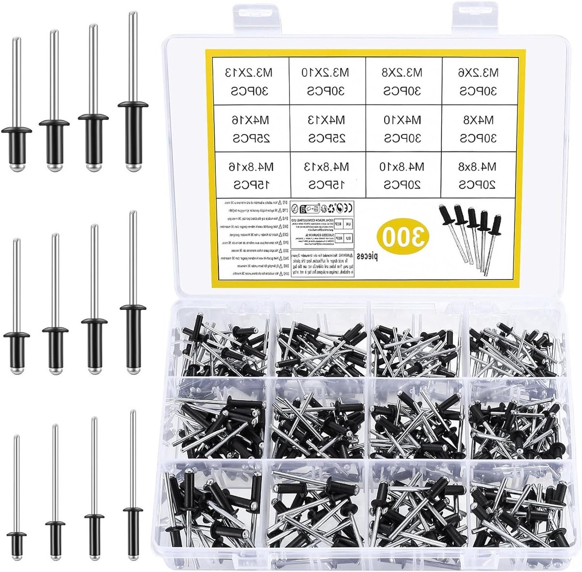 Set van 300 blinde klinknagels M3.2, M4, M4.8 van koolstofstaal voor metaal, hout en kunststof, sterke bevestiging