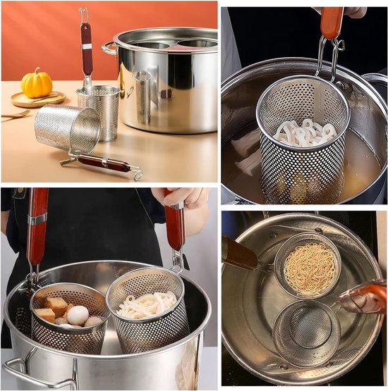 Multifunctionele pastamaker van microgeperforeerd roestvrij staal met houten handvat, ideaal voor pasta en dumplings, diameter 12 cm, keukenaccessoire voor strainer en filter. — afbeelding 2