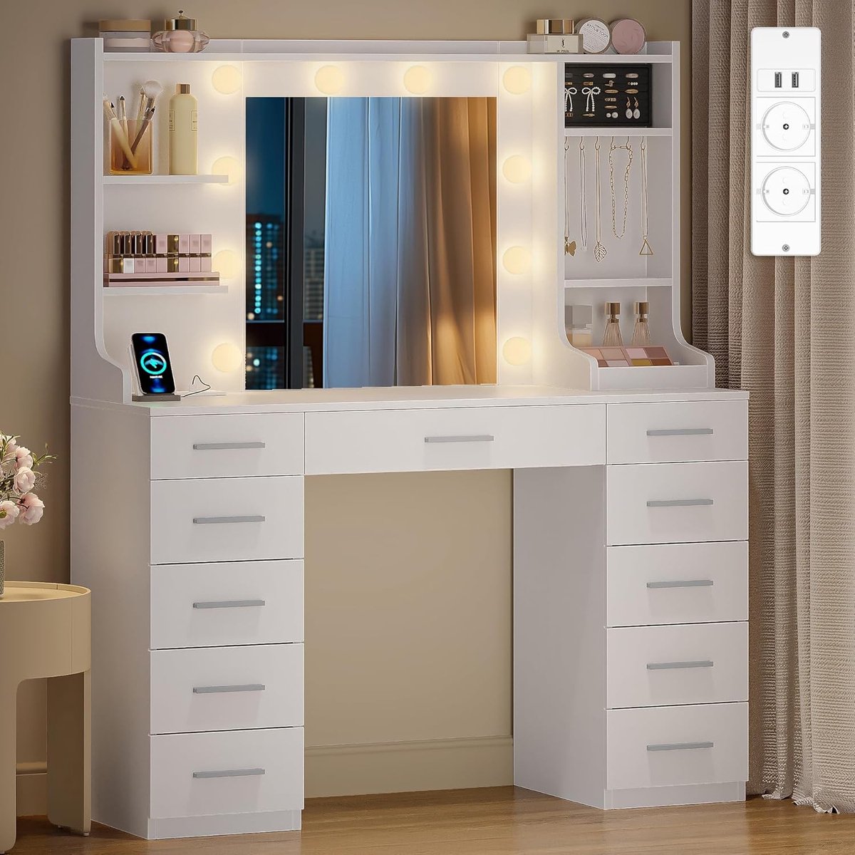 Aurora Prestige Pro LED Kaptafel 108x40x145 cm Wit – Luxe Make-up Tafel met 11 Lades, Spiegel, 10 LED Lampen, Stopcontacten & USB Oplaadstation – Moderne Smart Dressing Table