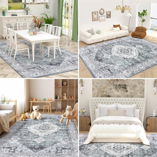 Vloerkleed met traditioneel grijs en wit patroon in diverse ruimtes: eetkamer, woonkamer, kinderkamer en slaapkamer.